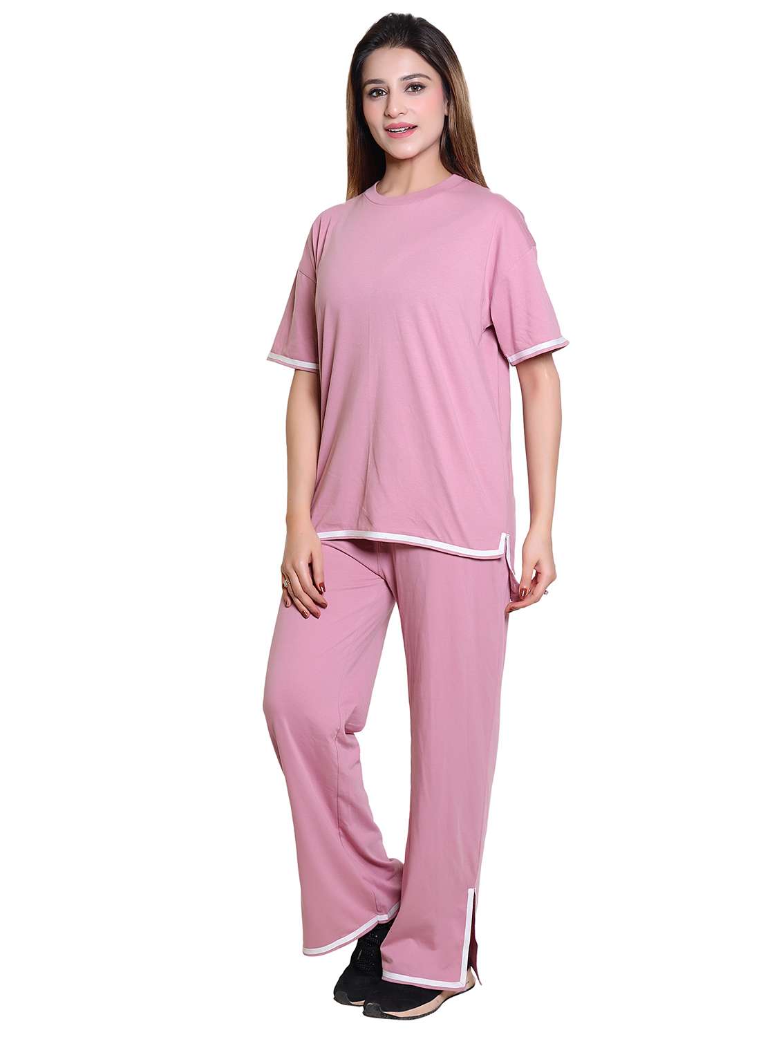 women solid short sleeve t-shirt & trouser co ord set - 21960318 -  Standard Image - 2