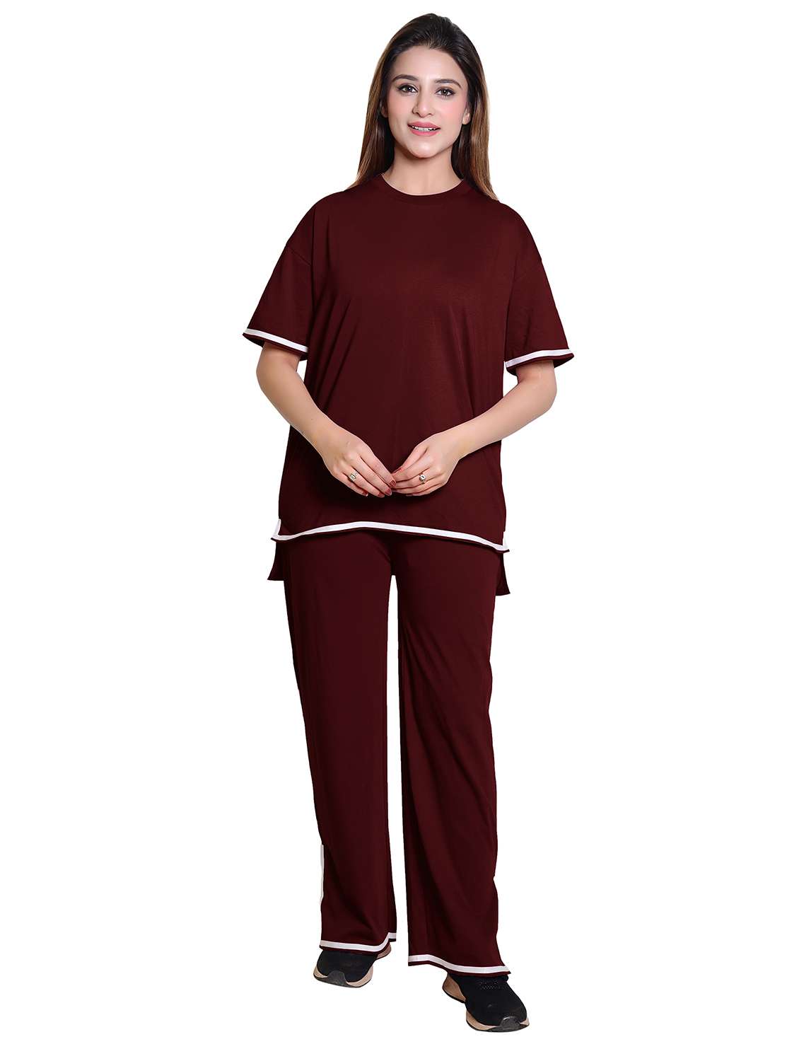 women solid short sleeve t-shirt & trouser co ord set - 21960319 -  Standard Image - 2