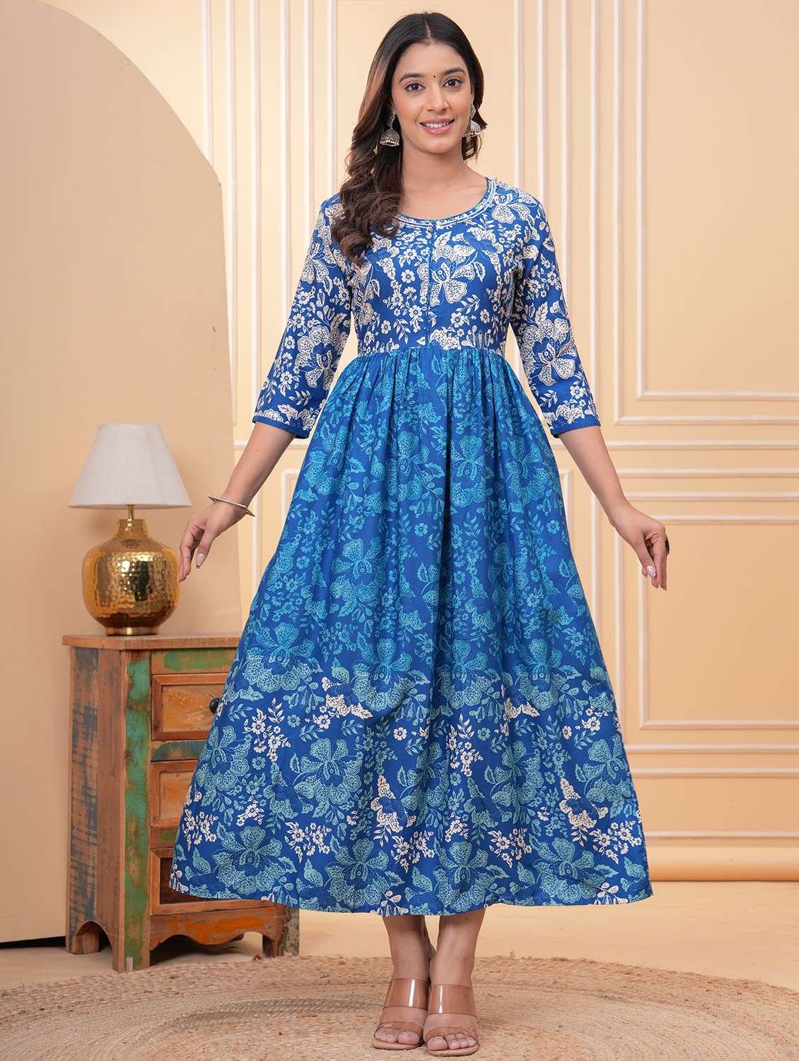 women floral three quarter sleeve ethnic dress - 21960342 -  Standard Image - 2