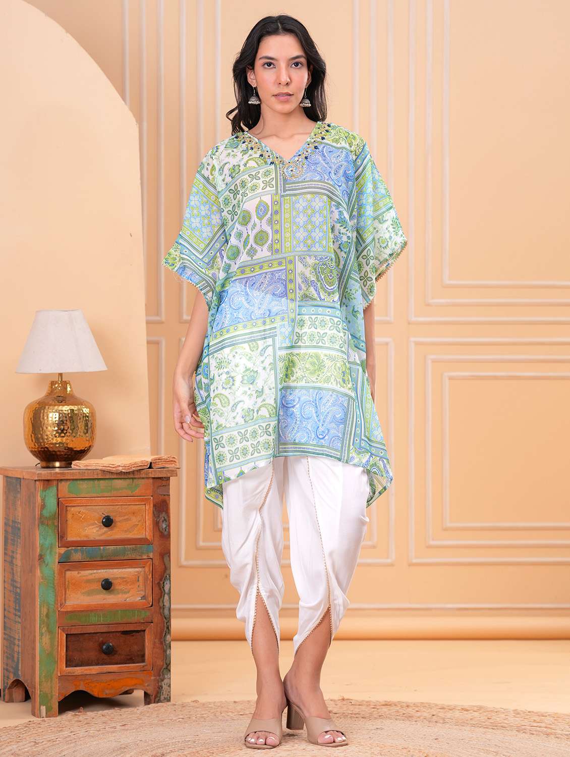 women printed kimono sleeve dhoti kaftan kurta set - 21960360 - Standard Image - 2