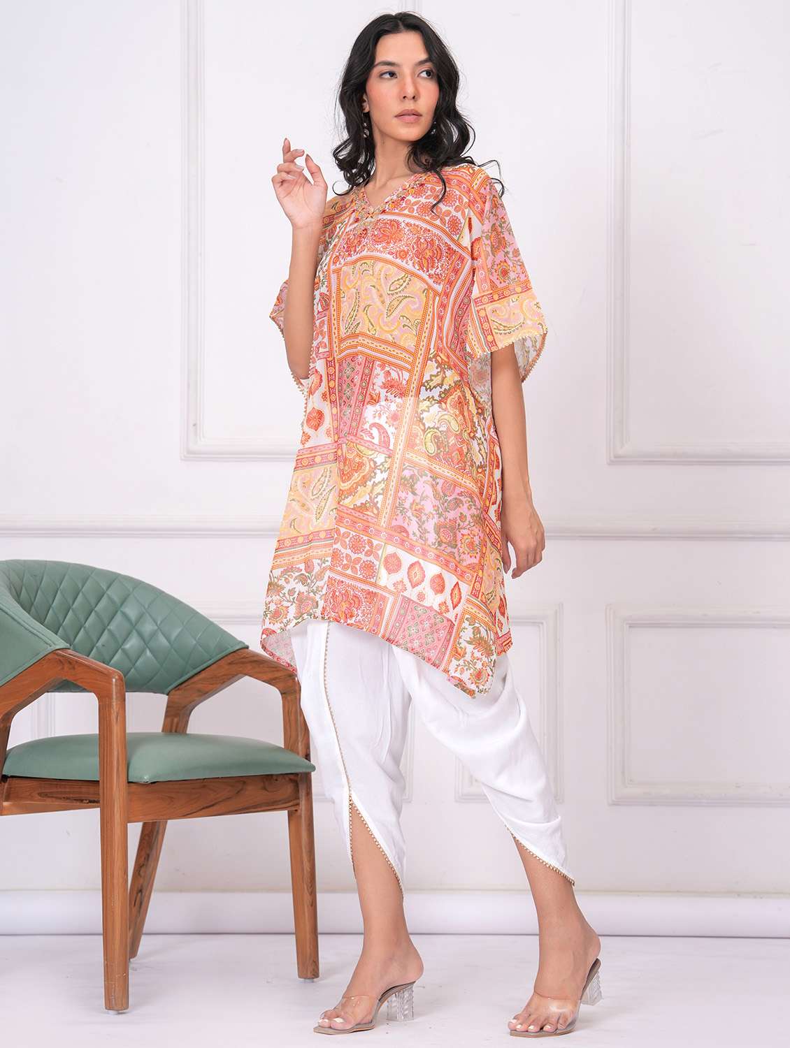 women printed kimono sleeve dhoti kaftan kurta set - 21960361 - Standard Image - 2