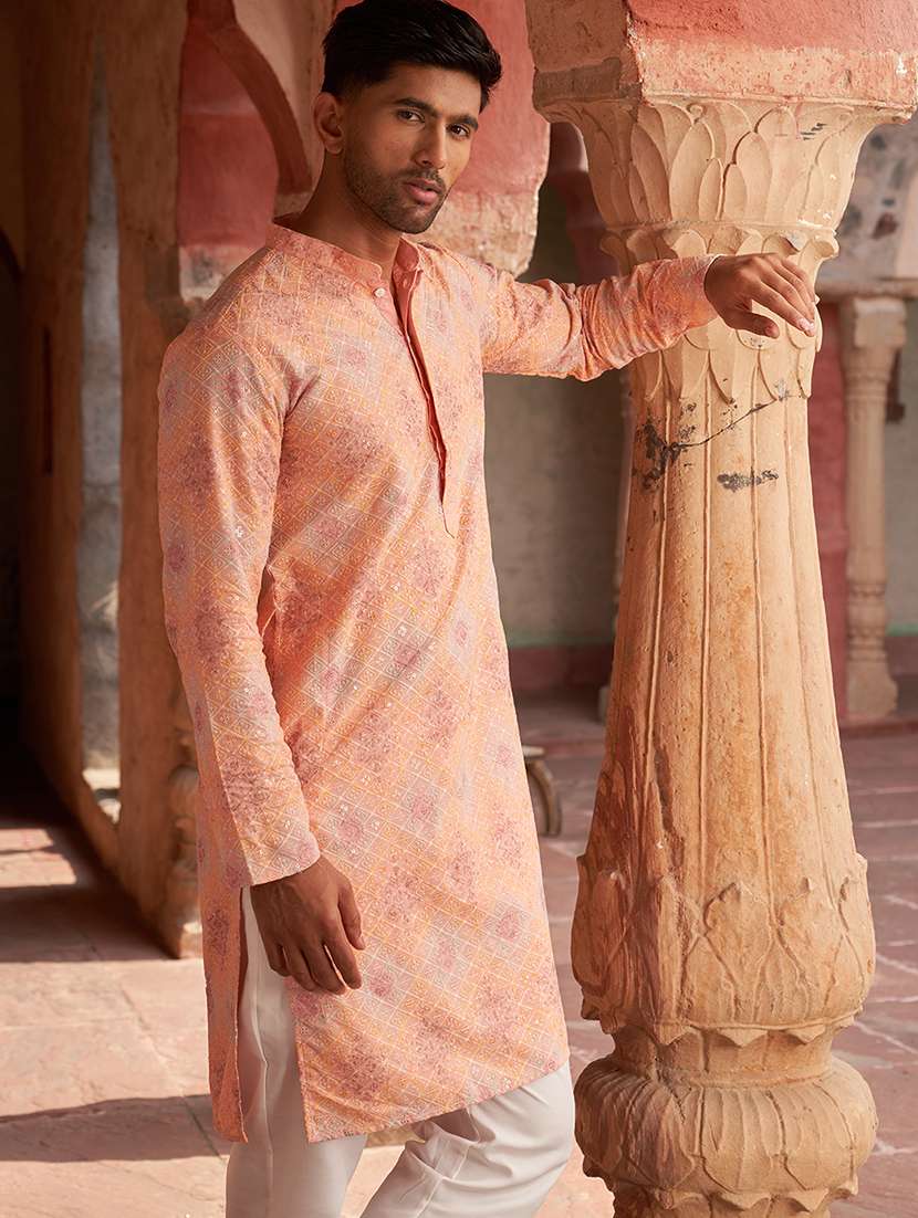 men peach embroidered kurta and pyjama set  - 21960384 -  Standard Image - 2
