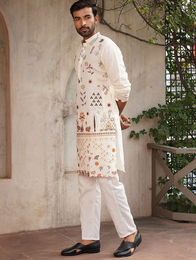 men off white embroidered kurta and pyjama set  - 21960385 -  Standard Image - 2