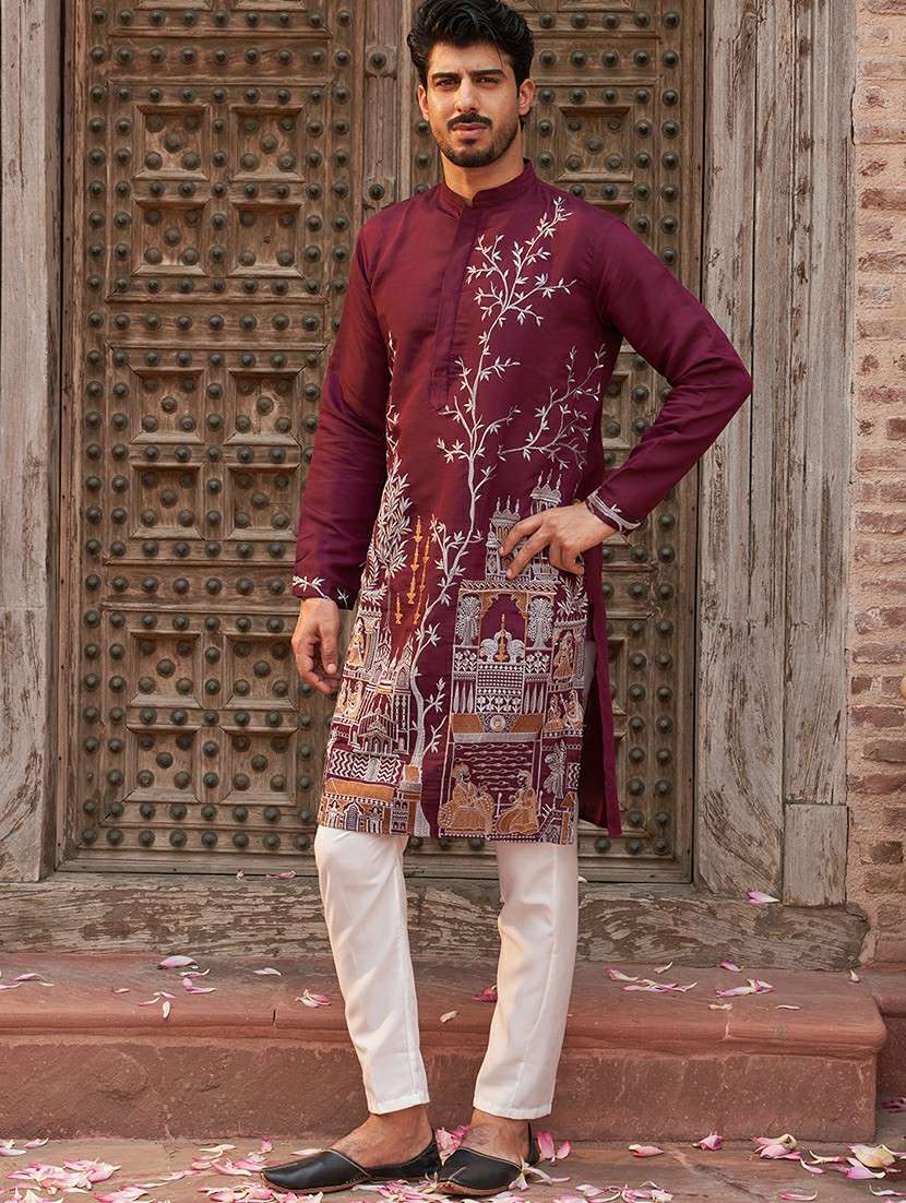 men purple embroidered kurta and pyjama set  - 21960389 -  Standard Image - 2