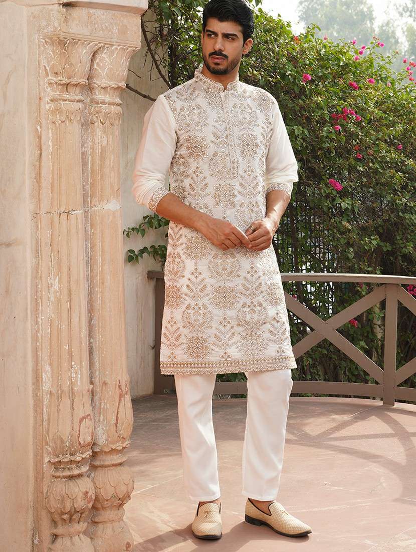 men white embroidered kurta and pyjama set  - 21960390 -  Standard Image - 2