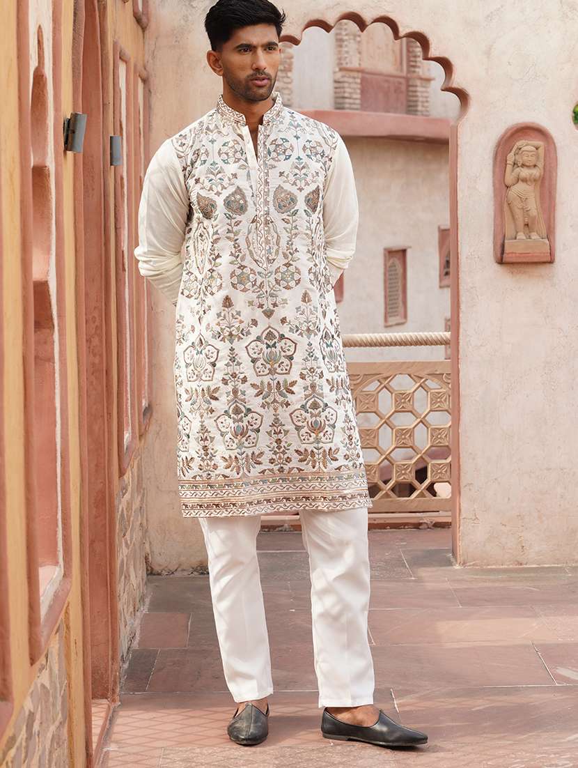 men white embroidered kurta and pyjama set  - 21960391 -  Standard Image - 2