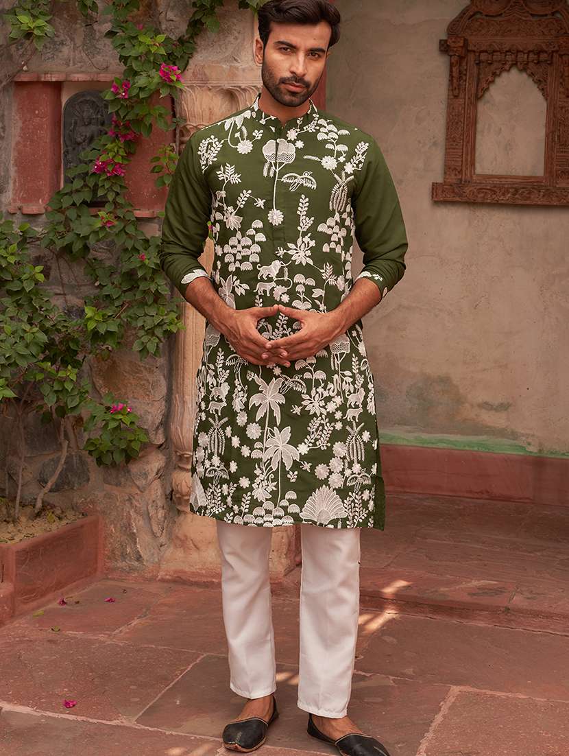 men olive embroidered kurta and pyjama set  - 21960392 -  Standard Image - 2