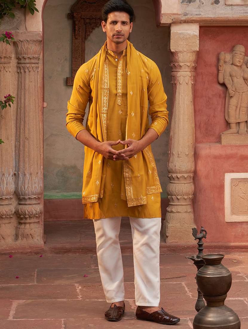 men mustard embroidered kurta and pyjama with dupatta  - 21960398 -  Standard Image - 2