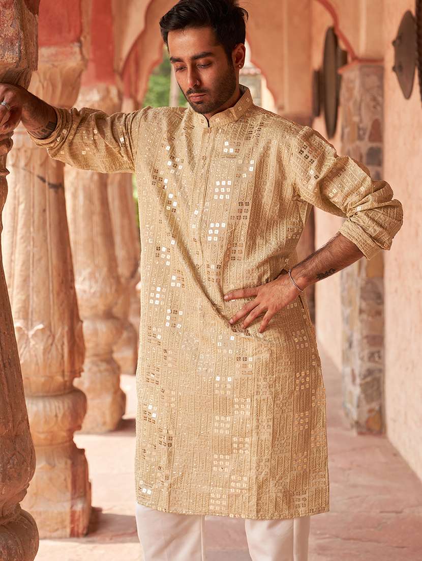 men beige embellished kurta and pyjama set  - 21960399 -  Standard Image - 2