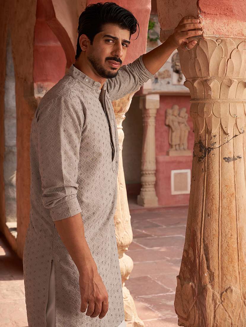 men grey embroidered kurta and pyjama set  - 21960400 -  Standard Image - 2