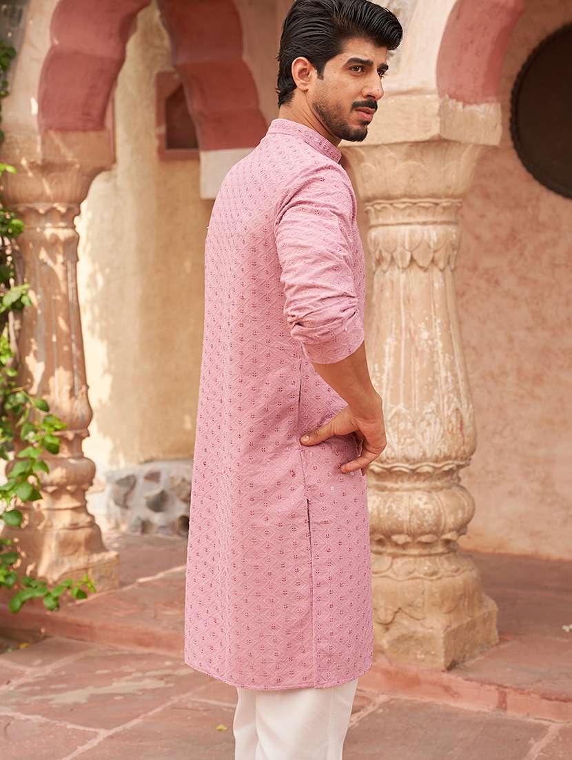 men pink embroidered kurta and pyjama set  - 21960401 -  Standard Image - 2