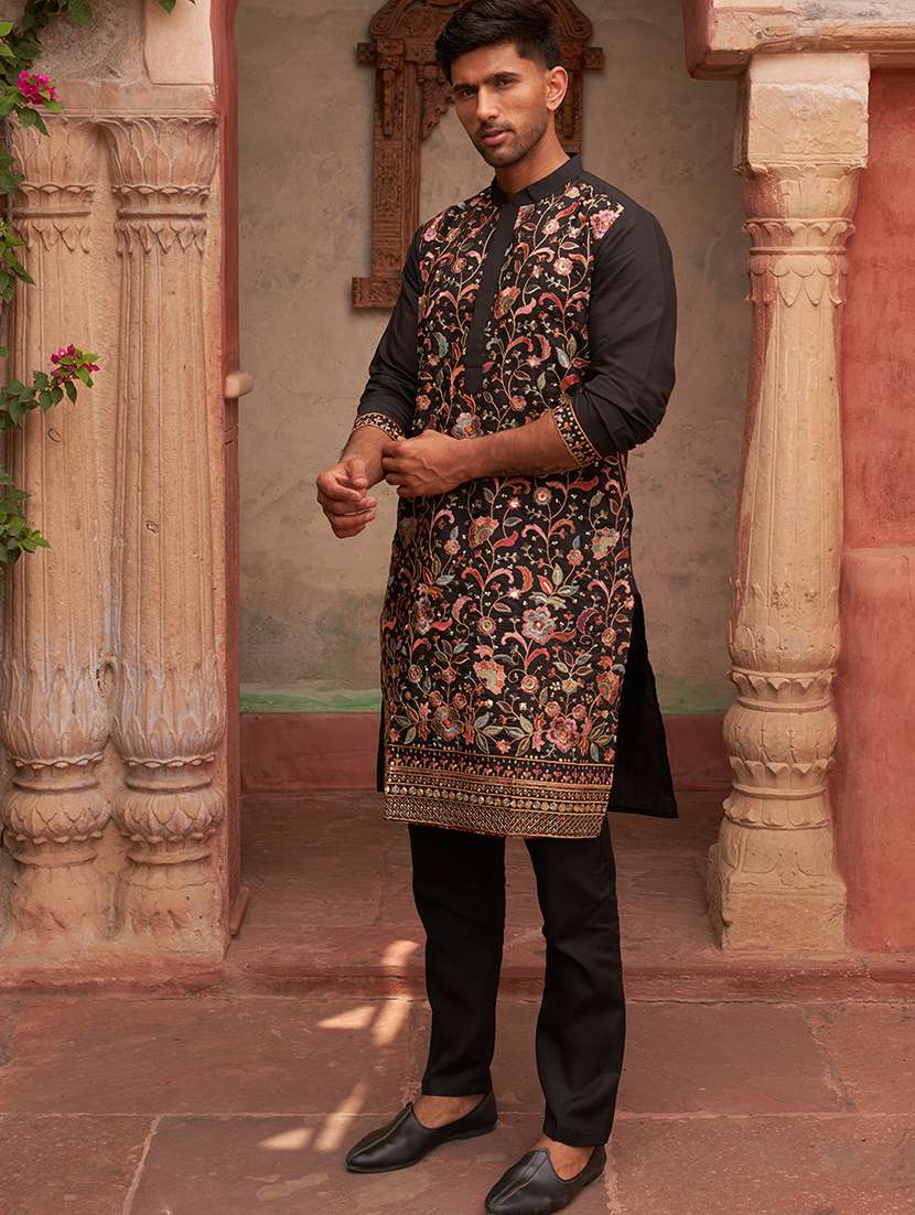 men black embroidered kurta and pyjama set  - 21960404 -  Standard Image - 2