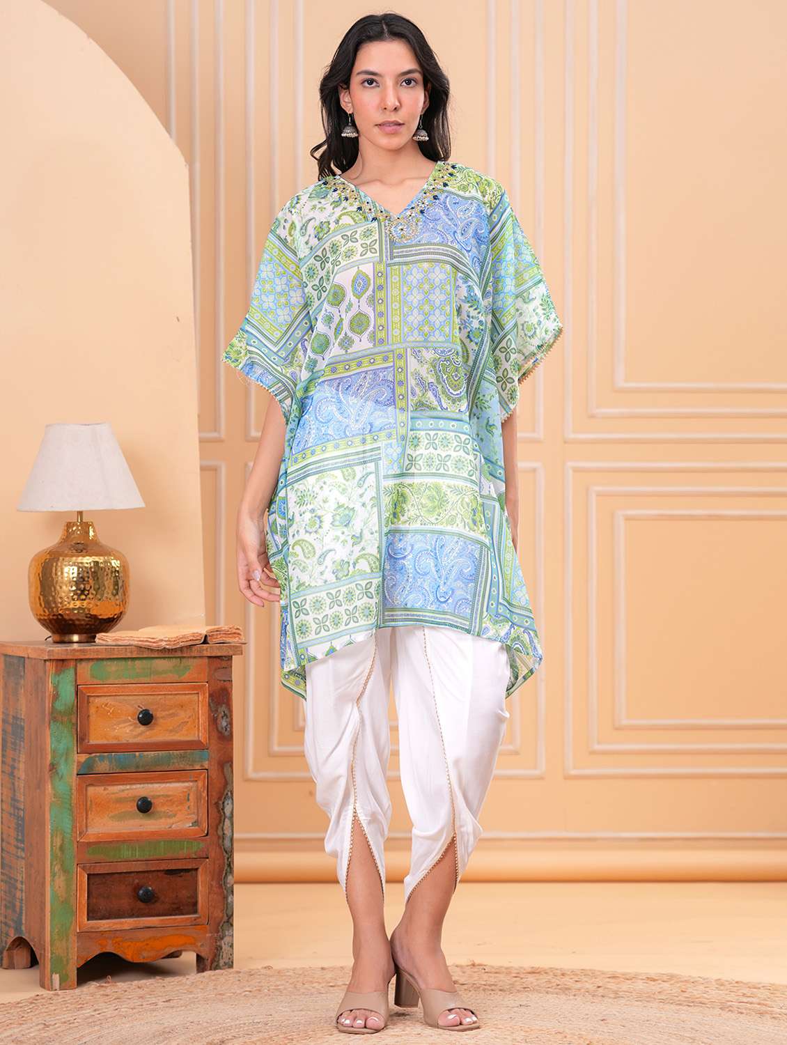 women printed kimono sleeve dhoti kaftan kurta set - 21960406 - Standard Image - 2