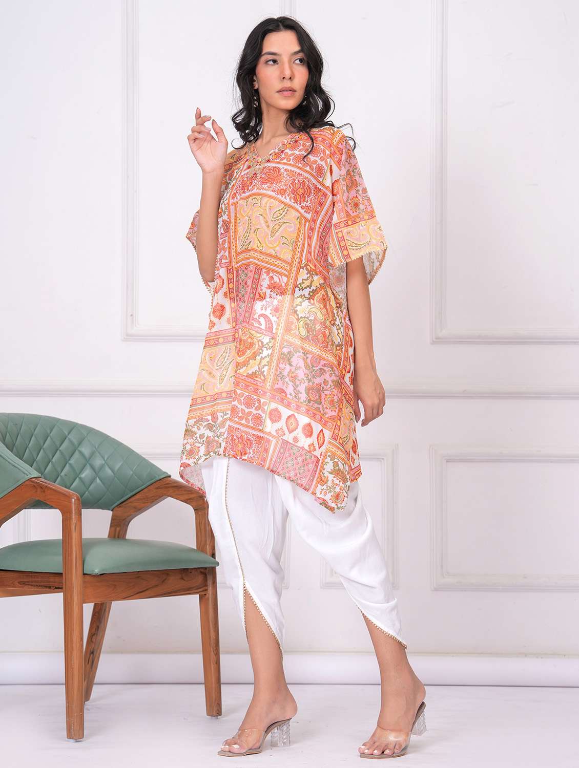 women printed kimono sleeve dhoti kaftan kurta set - 21960407 - Standard Image - 2