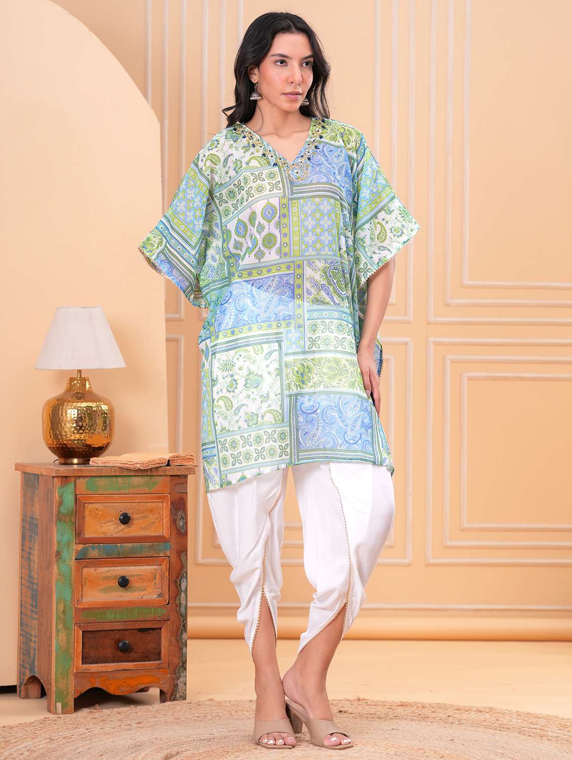 women printed kimono sleeve dhoti kaftan kurta set - 21960421 - Standard Image - 2
