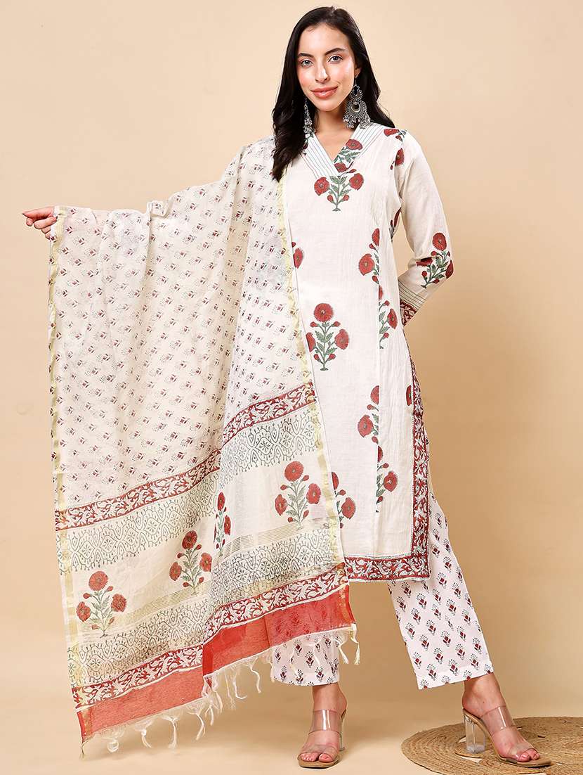 women floral print kurta and pant with dupatta set