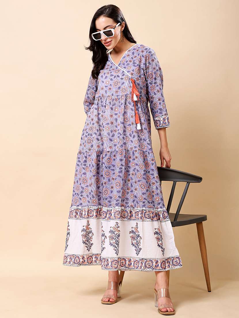 women floral print three quarter sleeve tiered dress
