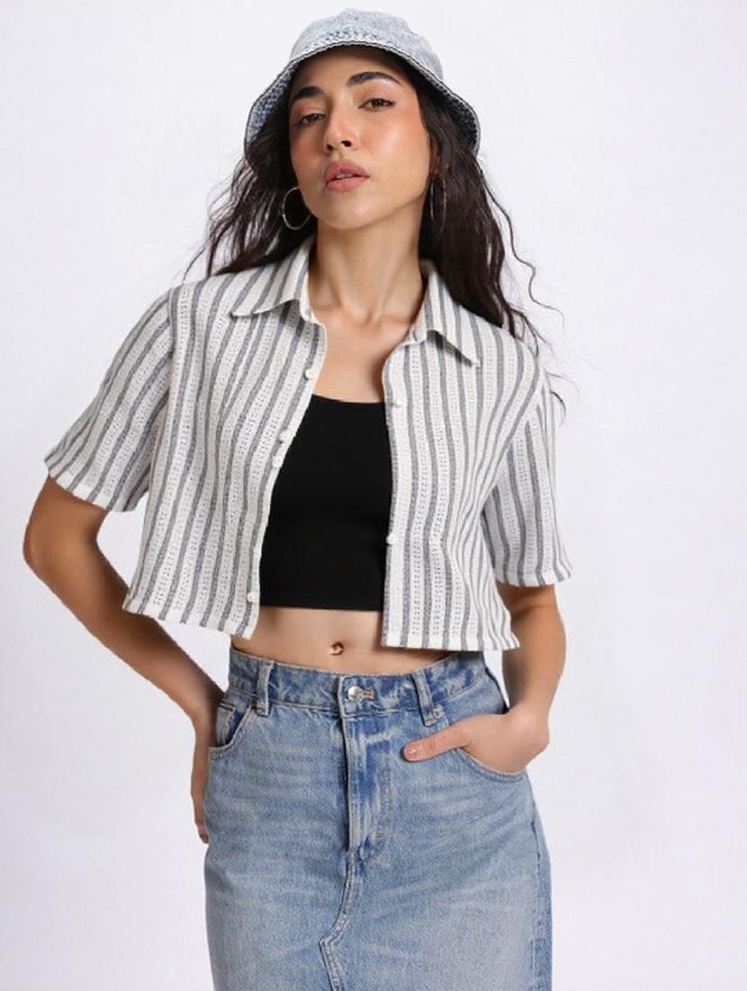 women striped collared short sleeve crop shirt - 21960549 - Zoom Image - 0