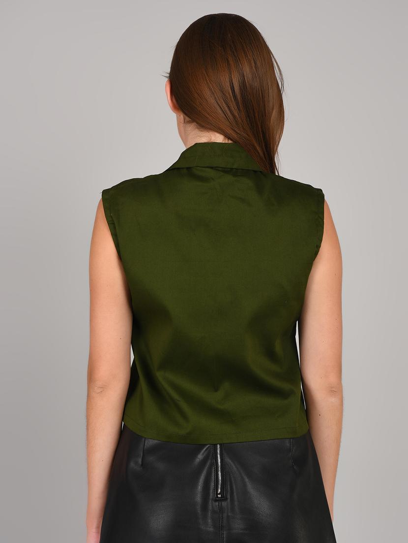 women solid collared sleeveless crop top - 21960567 - Standard Image - 2