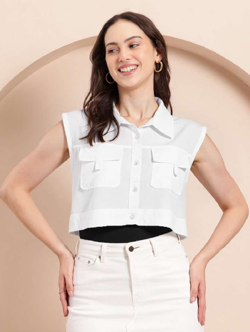women solid collared sleeveless crop top