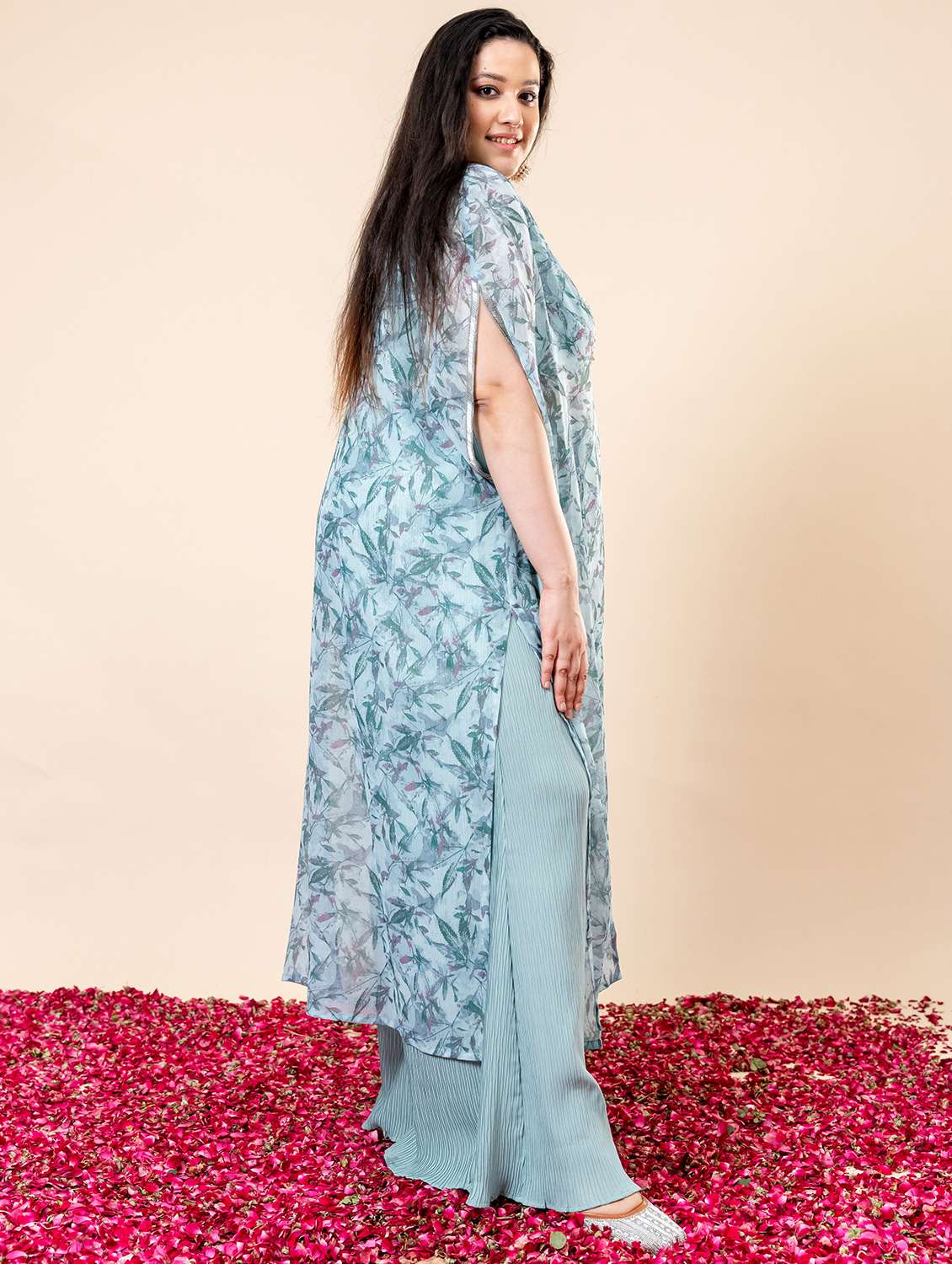 women printed top and trouser with jacket fusion set - 21960598 - Standard Image - 2