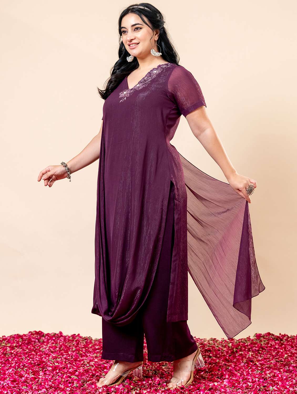 women embroidered neck short sleeve kurta palazzo set - 21960601 -  Standard Image - 2