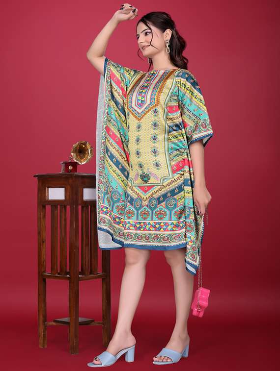 women printed kimono sleeve kaftan dress