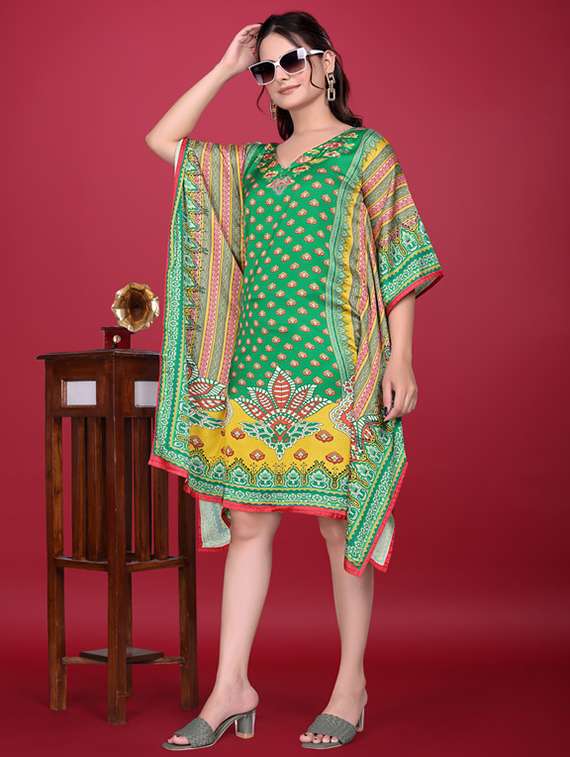 women printed kimono sleeve kaftan dress
