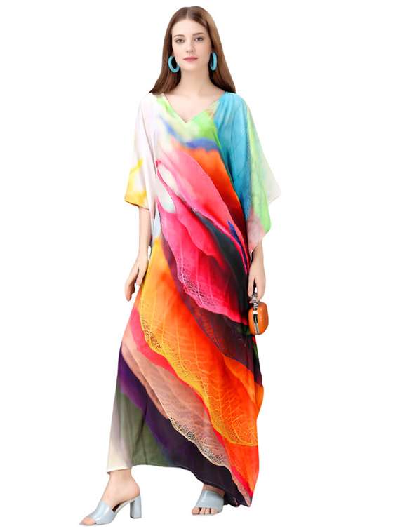 women printed kimono sleeve kaftan dress