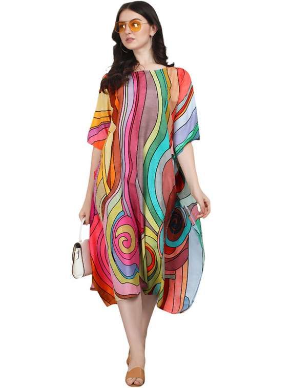women printed kimono sleeve kaftan dress