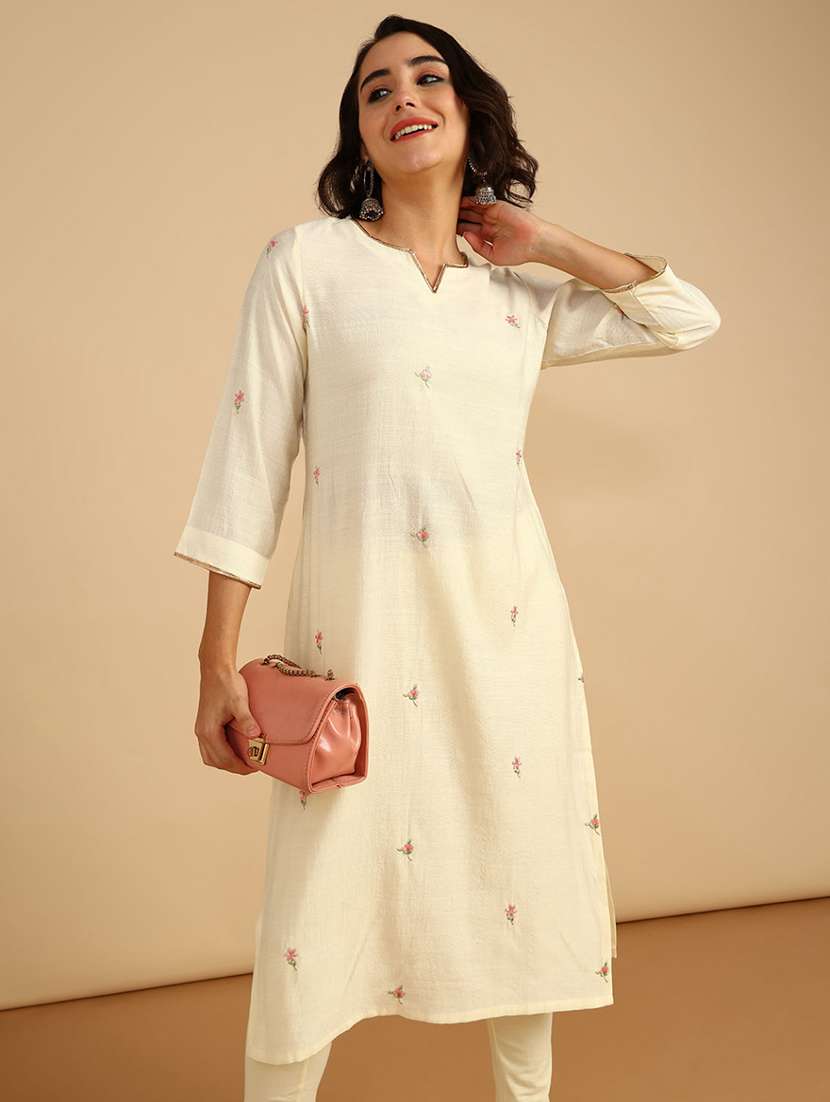 women embroidered three quarter sleeve straight kurta