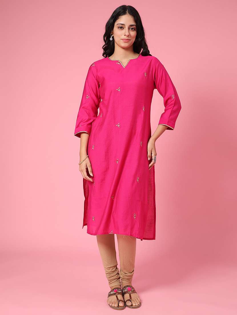 pink solid work wear straight kurta