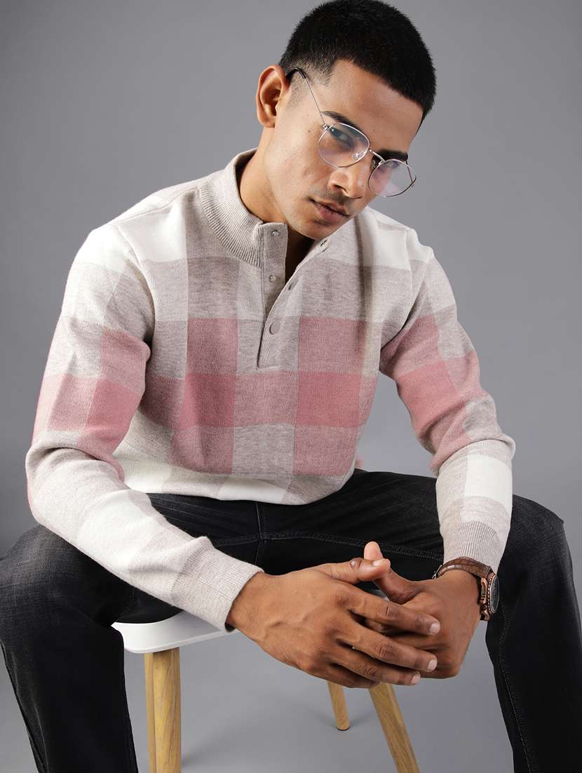 men checkered long sleeve regular fit pullover
