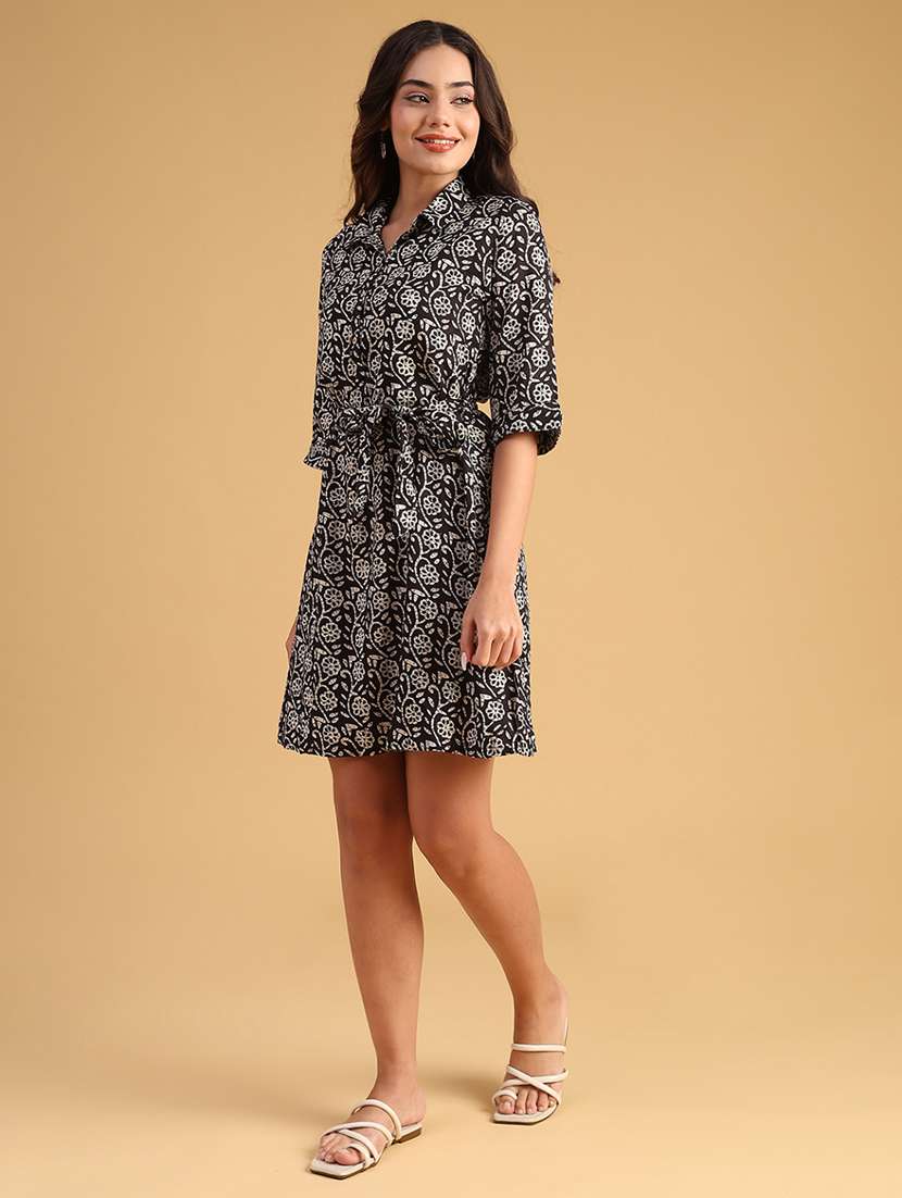 women printed three quarter sleeve fit & flare dress - 21961094 -  Standard Image - 2