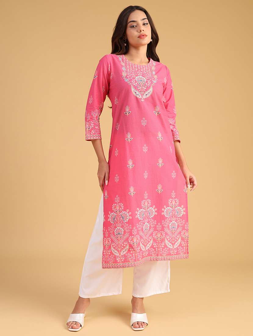 women embroidered three quarter sleeve straight kurta