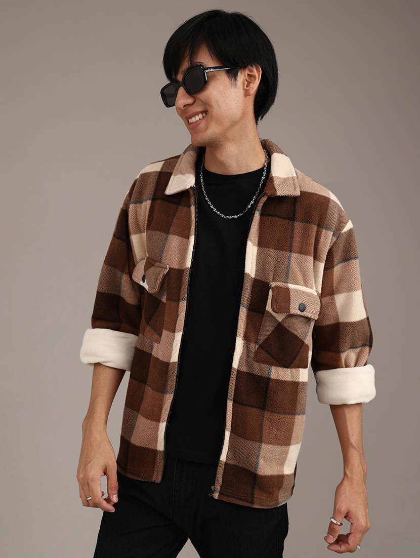 men checkered long sleeve regular fit shacket