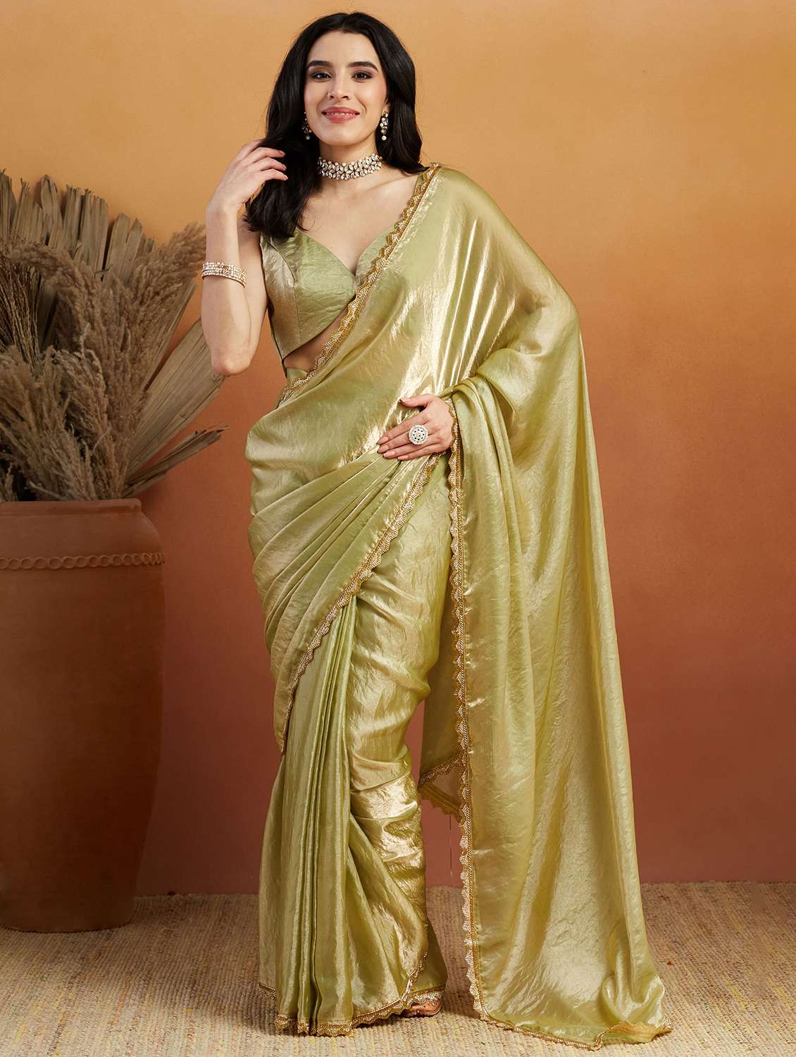 women solid with bordered ready to wear saree with blouse - 21961285 -  Standard Image - 2