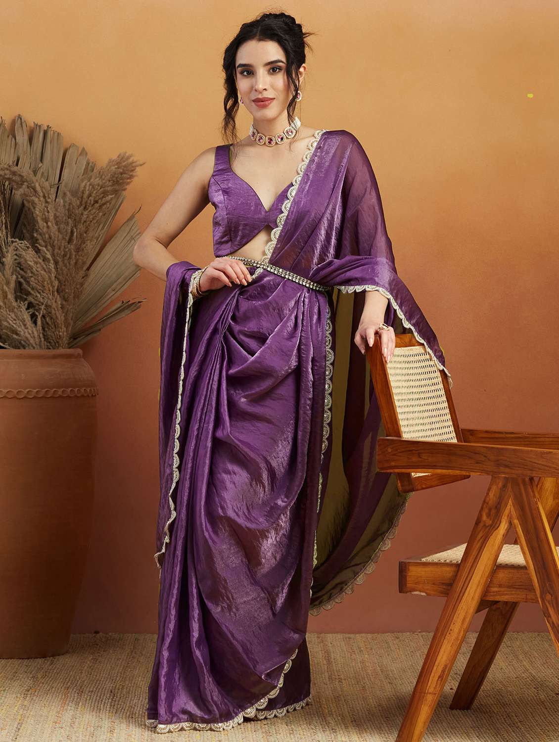 women solid with bordered ready to wear saree with blouse - 21961286 -  Standard Image - 2