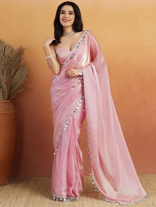 women solid with embellished bordered saree with blouse - 21961287 -  Standard Image - 0