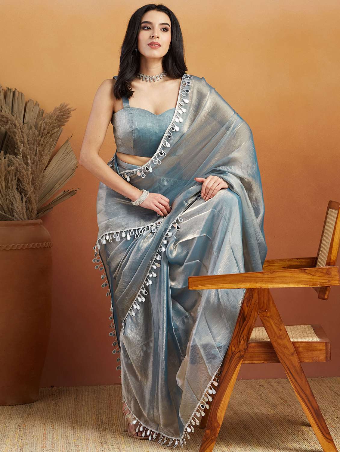 women solid with embellished bordered ready to wear saree with blouse - 21961288 -  Standard Image - 2