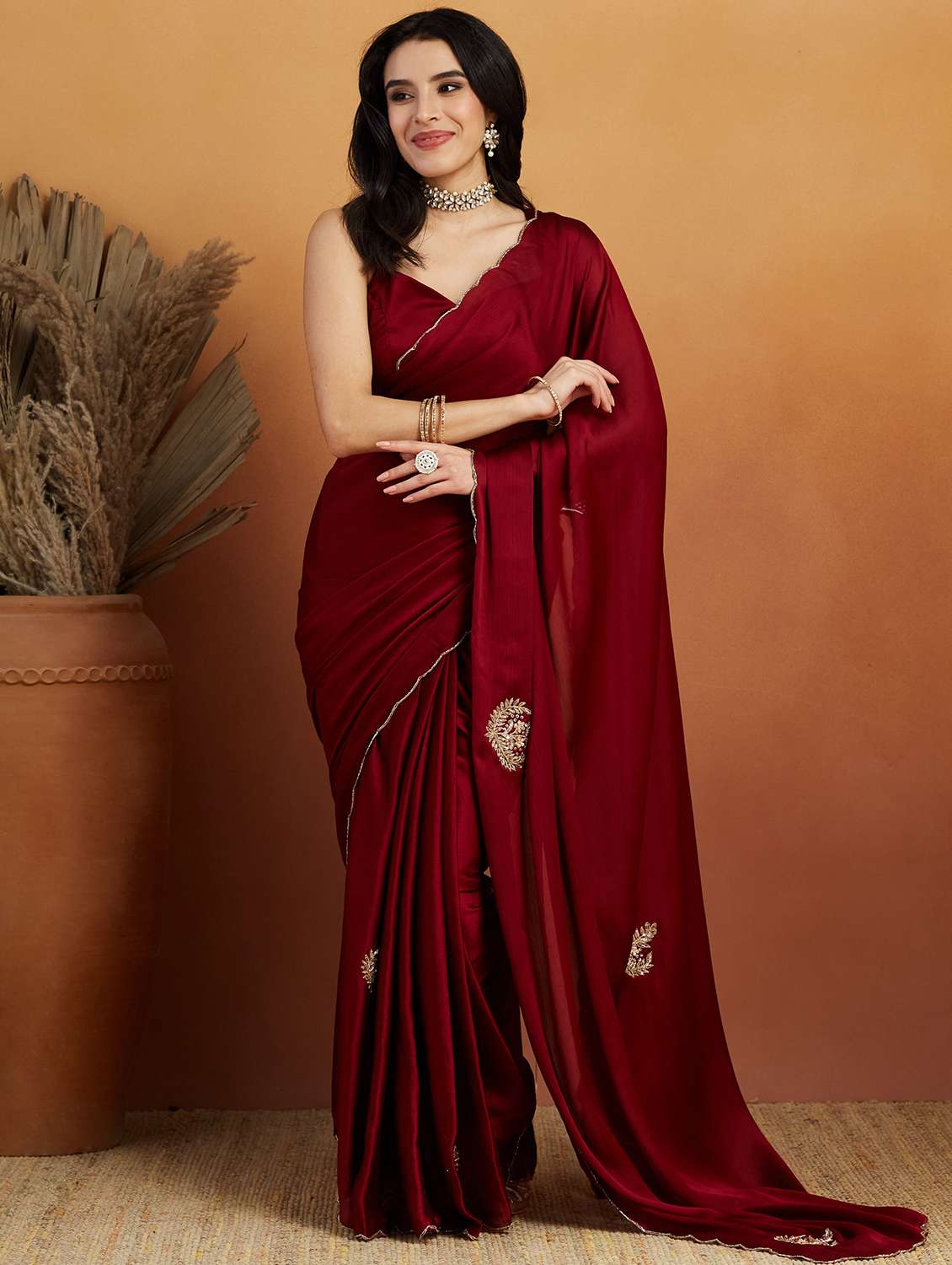 women maroon ready to wear saree with blouse