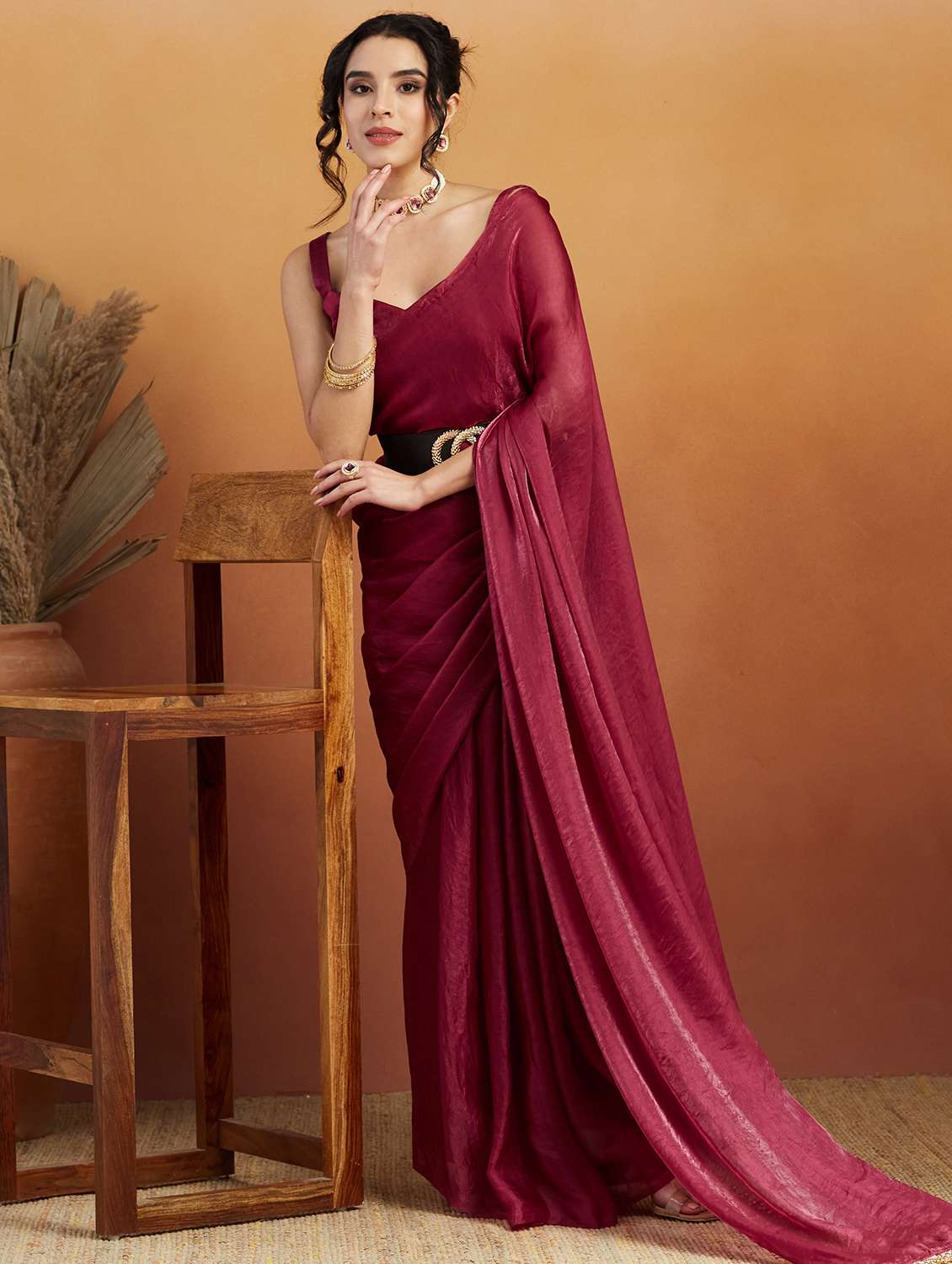women maroon ready to wear saree with blouse - 21961293 -  Standard Image - 2