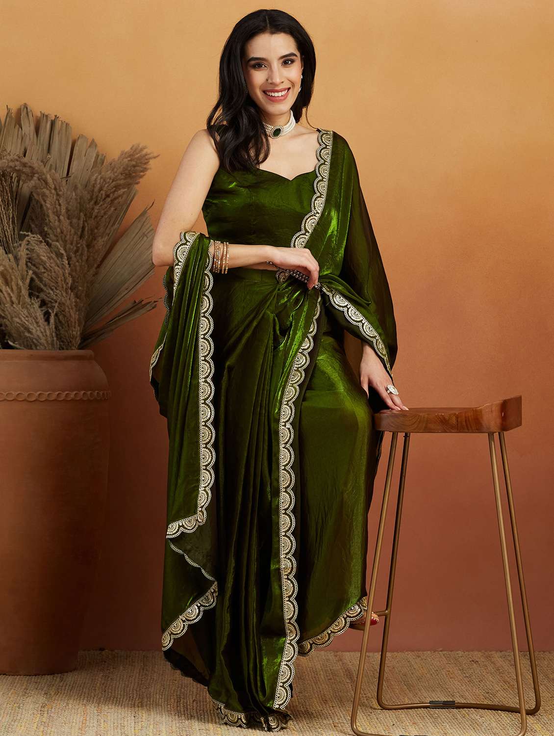 women green ready to wear saree with blouse - 21961294 -  Standard Image - 2
