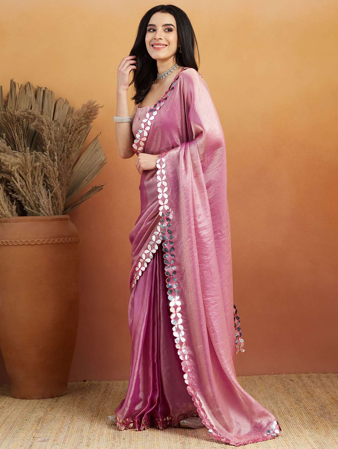 women solid with bordered ready to wear saree with blouse - 21961296 -  Standard Image - 2