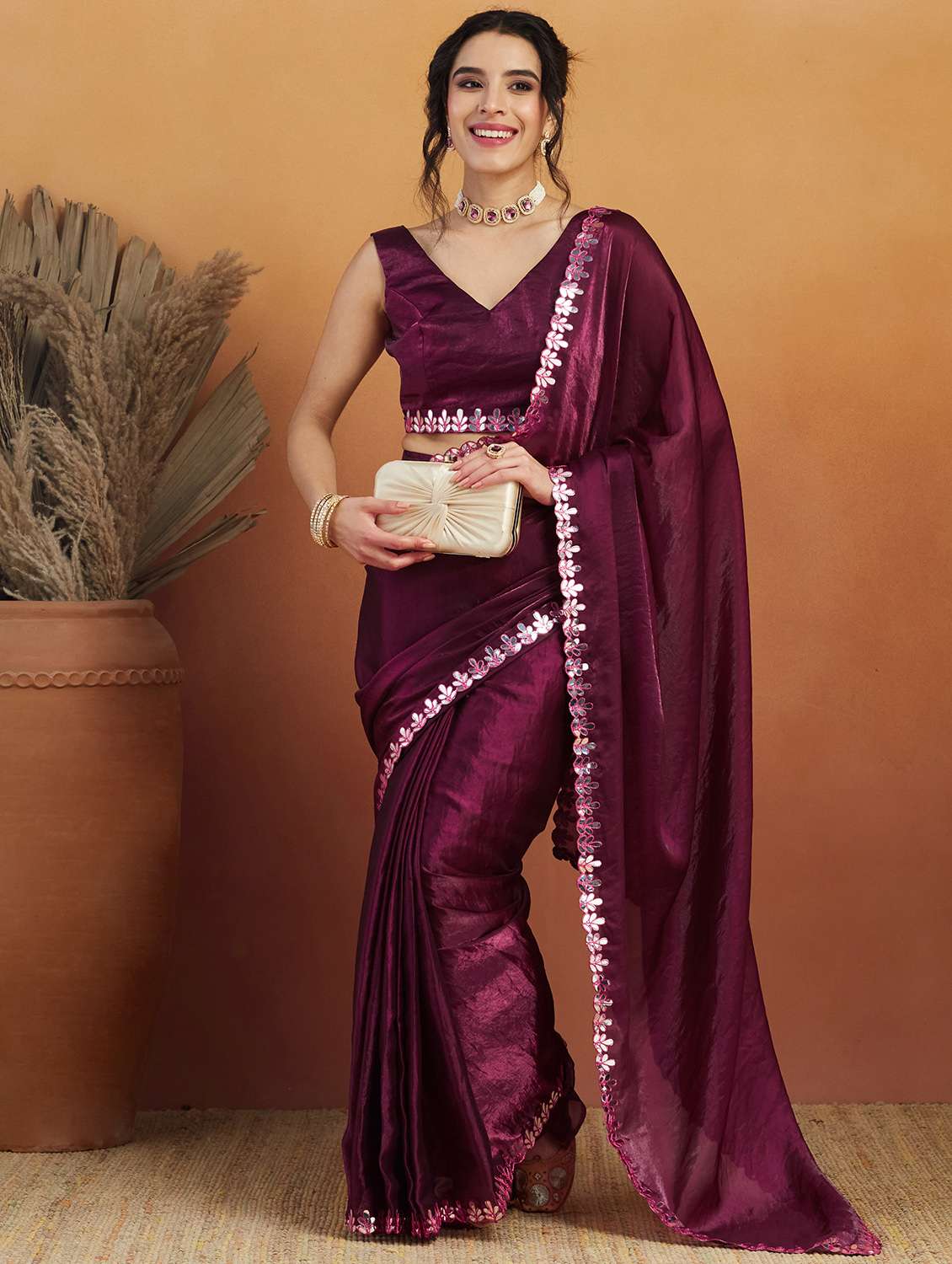 women solid with bordered ready to wear saree with blouse