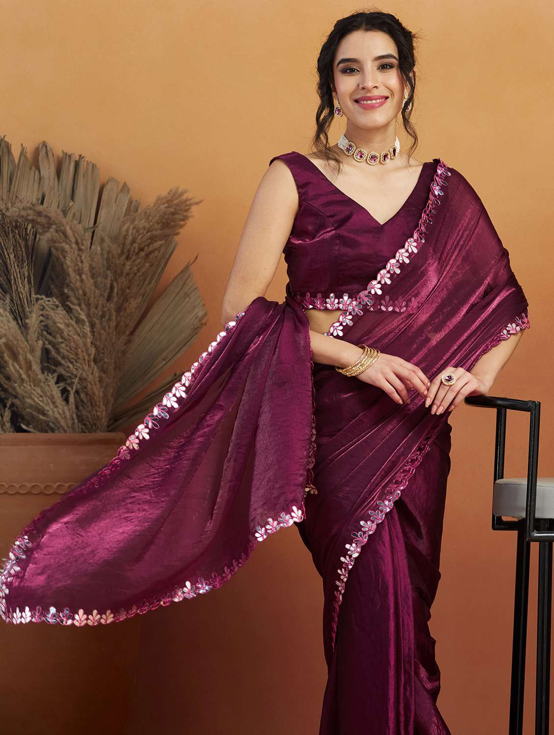 women solid with bordered ready to wear saree with blouse - 21961298 -  Standard Image - 2