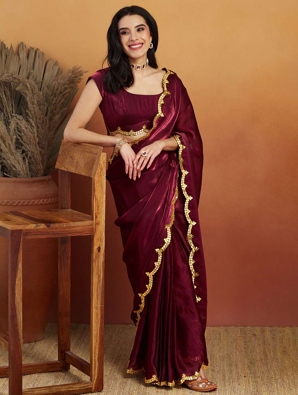 women solid with bordered ready to wear saree with blouse - 21961299 -  Standard Image - 2