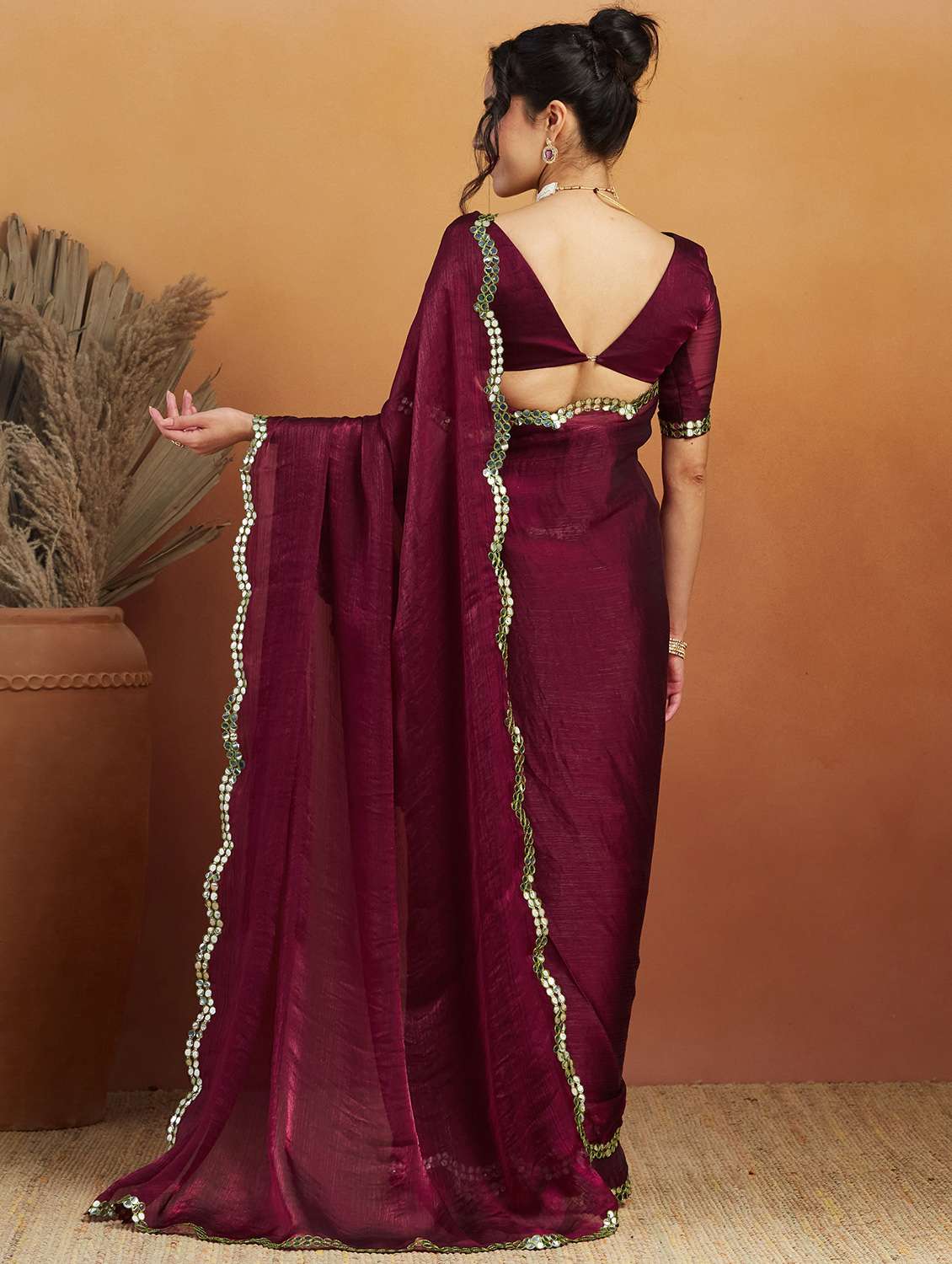 women solid with bordered ready to wear saree with blouse - 21961301 -  Standard Image - 2