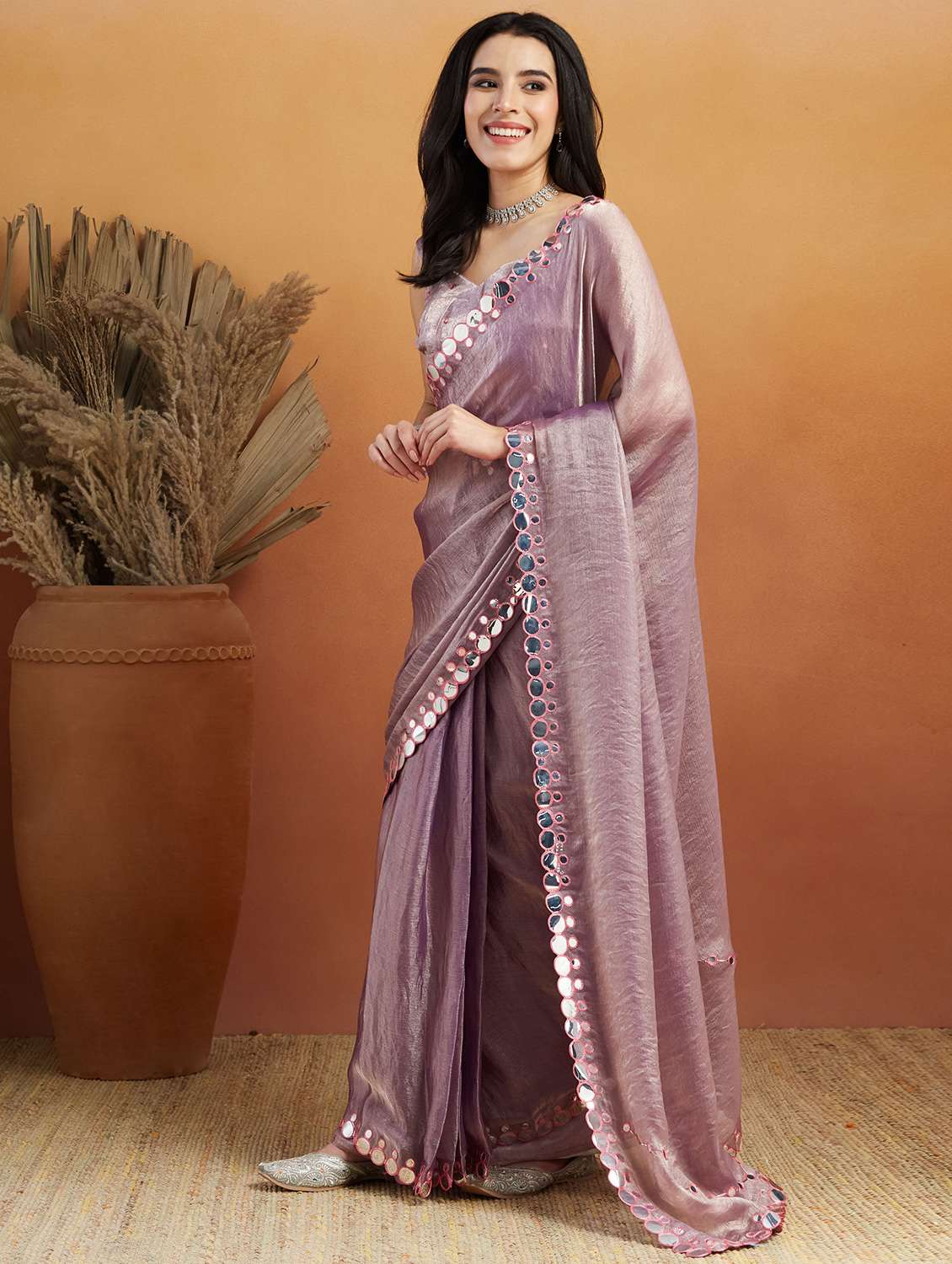 women solid with bordered ready to wear saree with blouse - 21961302 -  Standard Image - 2