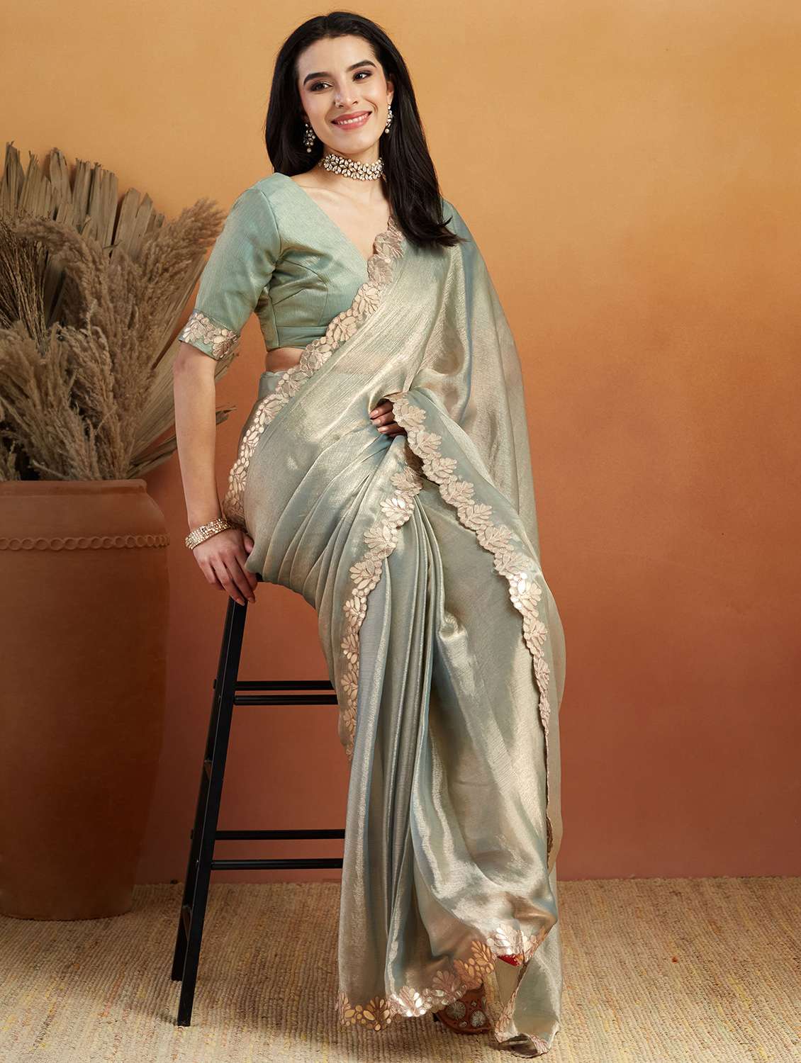 women solid with bordered ready to wear saree with blouse - 21961303 -  Standard Image - 2